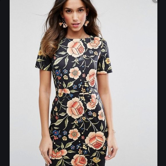 ASOS Dresses & Skirts - ASOS Wiggle Dress Floral Embroidery Print